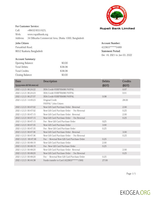 Modèle de relevé de la Bangladesh Rupali Bank au format Word et PDF